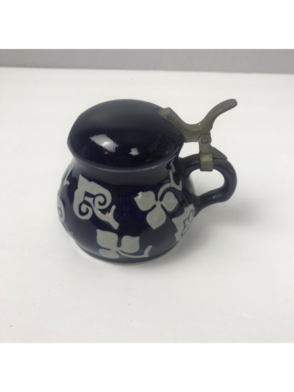 Vintage Cobalt Blue Floral Mustard Pot Pewter Lid Handle Ceramic 3492 Marked